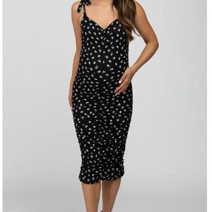 Black Floral Ribbed Ruched Shoulder Tie Maternity Dress (very stretchy!!)